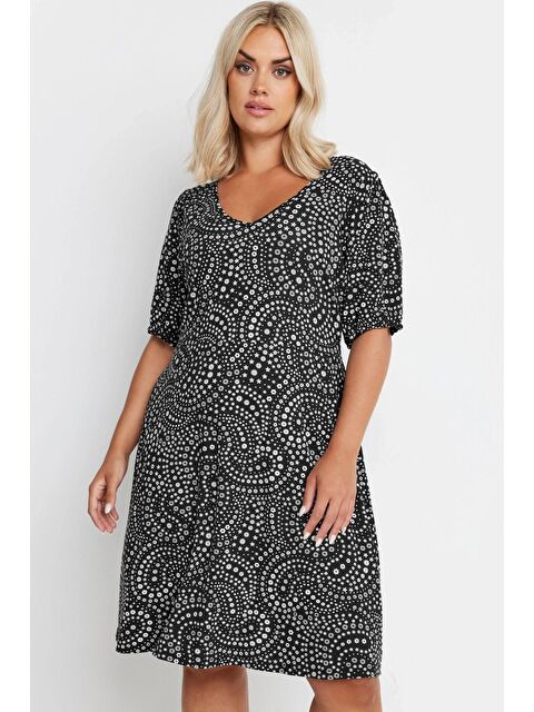 Stil Diva Büyük Beden V Yaka Kolu Lastikli Desenli Kısa Elbise 137992 - S000241953-19351