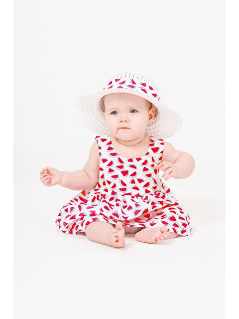 Chicsy Baby Tatlı Karpuz Desenli Şapkalı Fiyonklu Kız Bebek Elbisesi