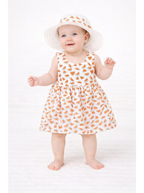 Chicsy Baby Tatlı Karpuz Desenli Şapkalı Fiyonklu Kız Bebek Elbisesi