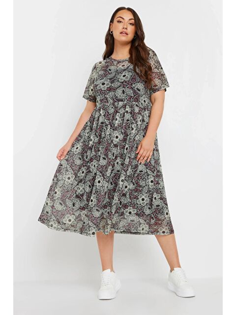 Stil Diva Büyük Beden Bisiklet Yaka İçi Astarlı Desenli Midi Boy Tül Elbise 137991 - S000241967-19351