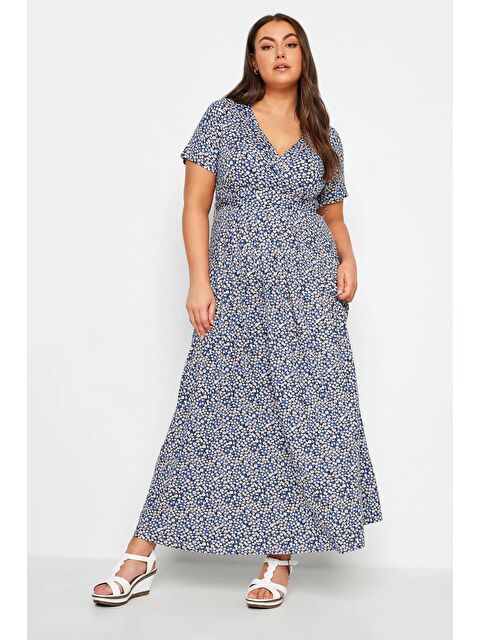 Stil Diva Büyük Beden V Yaka Desenli Kuşaklı Kısa Kol Anvelop Elbise 302644 - S000241970-17234