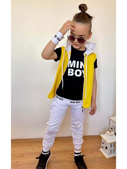Riccotarz Erkek Çocuk Mini Boy Yazı ve Şerit Detaylı T-shirt Kolsuz Sarı Yelek Eşofman Takım - S000394302-20072