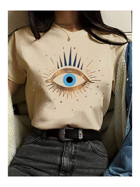 Trendseninle Kadın Bej Eye Baskılı Regular Tişört - S000161619-19928