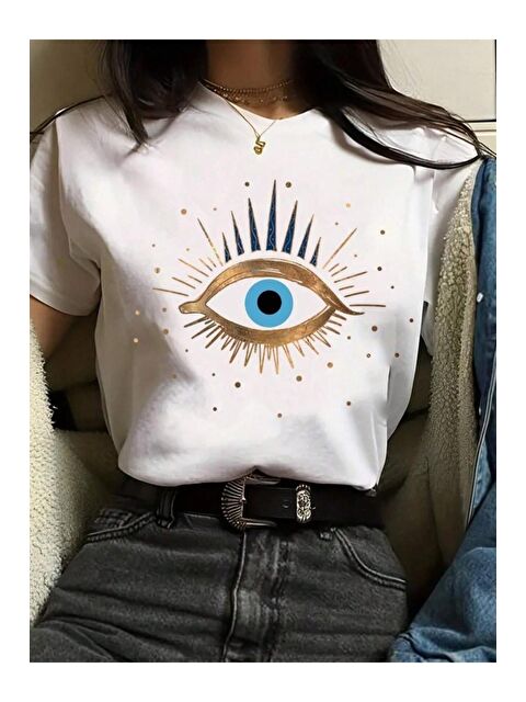 Trendseninle Kadın Beyaz Eye Baskılı Regular Tişört - S000161619-20063