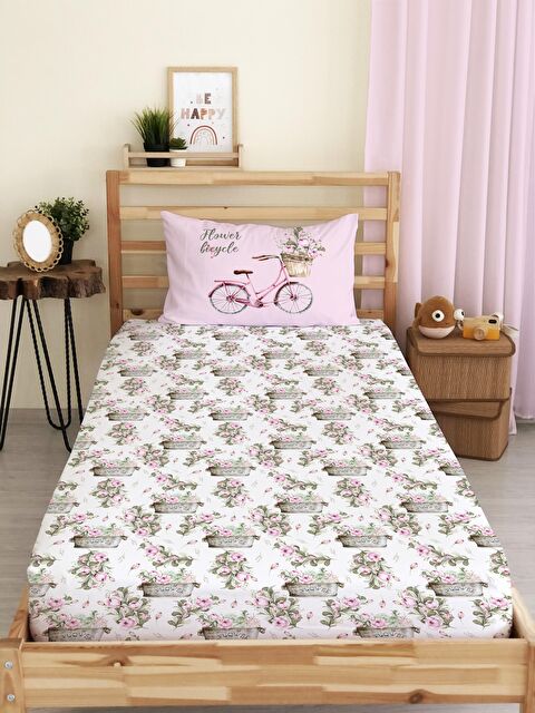 Evmila Çiçek Ve Bisiklet Desenli Baskılı Tek Kişilik Lastikli Çarşaf Seti - S000123708-23173
