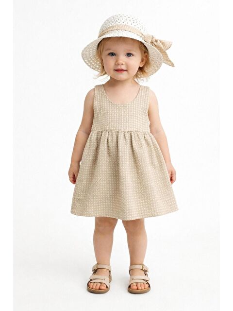 Chicsy Baby Şapkalı Pötikare Desenli Fiyonklu Esnek Kız Bebek Elbisesi