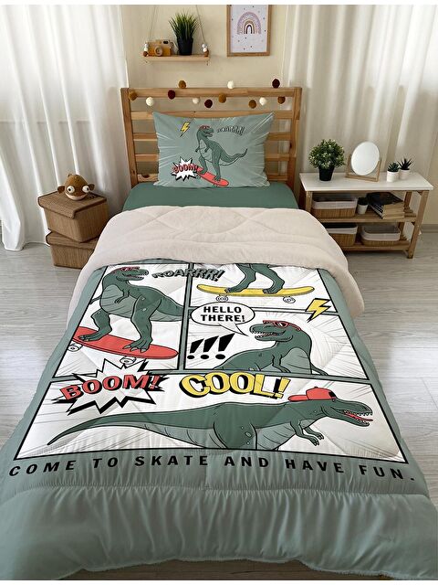Evmila Dinozor Desenli Tek Kişilik 160x220 Cm Wellsoft Çift Taraflı Silikon Yorgan Ve Uyku Seti - S000123711-23173