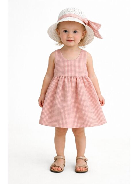 Chicsy Baby Şapkalı Pötikare Desenli Fiyonklu Esnek Kız Bebek Elbisesi