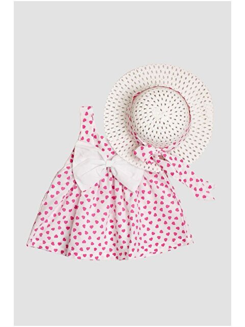 Chicsy Baby Kalp Desenli Askılı Elbise ve Şapka Takımı Yazlık Pamuklu Bebek Elbisesi