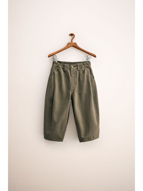 Magu Unisex Çocuk Pamuklu Haki Cepli Pantolon - Lastikli Bel Rahat Kalıp