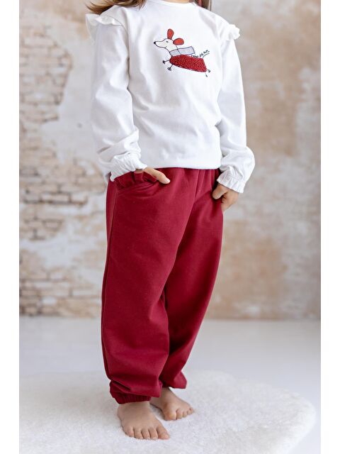 MİNİNİO Kız Çocuk Fırfır Cepli Eşofman Altı - Bordo - S000314786-19951