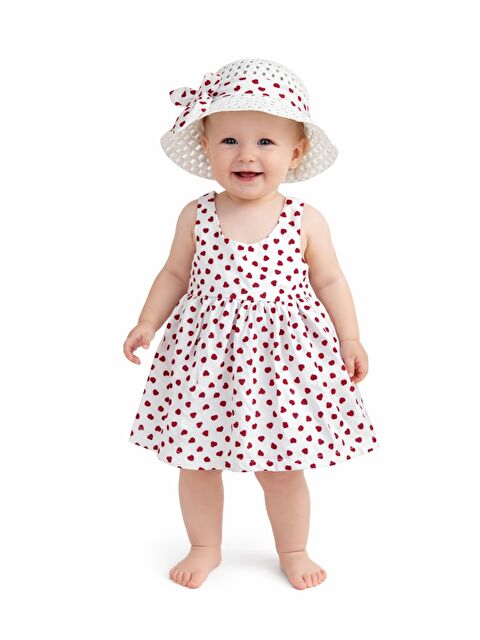 Chicsy Baby Kalp Desenli Askılı Elbise ve Şapka Takımı Yazlık Pamuklu Bebek Elbisesi