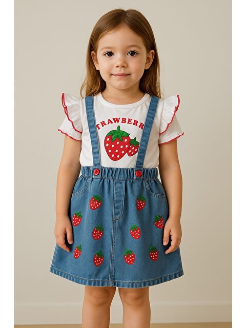 Chicsy Baby Çilek Desenli Askılı Jean Elbise 2'li Takım