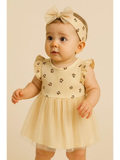 Chicsy Baby Çiçek Baskılı Hayal Tül Etekli Premium Elbise ve Taç Takımı