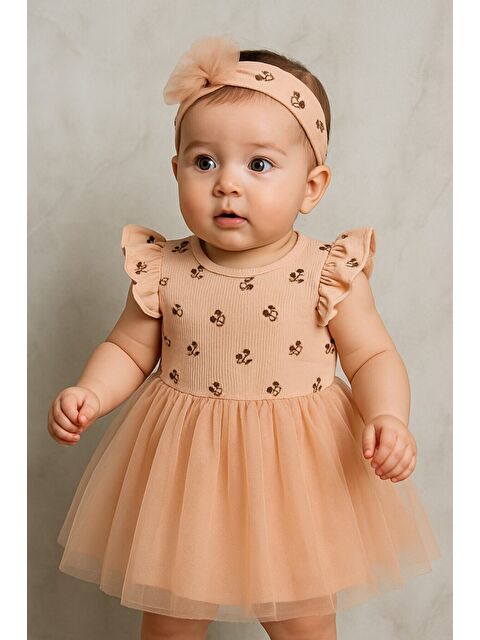 Chicsy Baby Çiçek Baskılı Hayal Tül Etekli Premium Elbise ve Taç Takımı