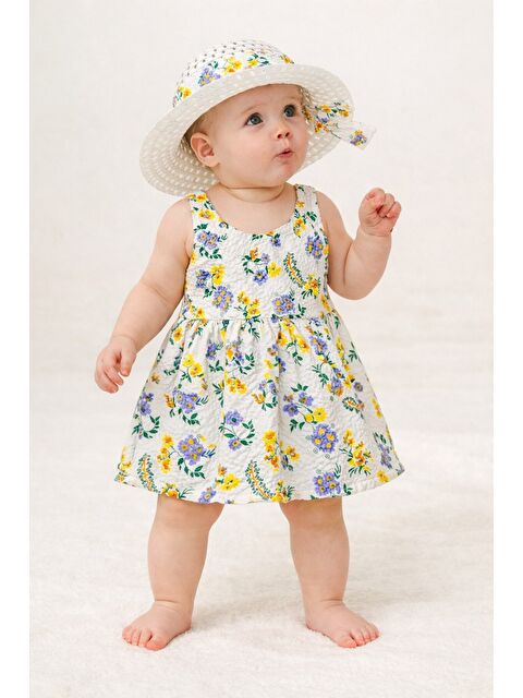 Chicsy Baby Çiçek Desenli Şapkalı Fiyonklu Kız Bebek Elbisesi