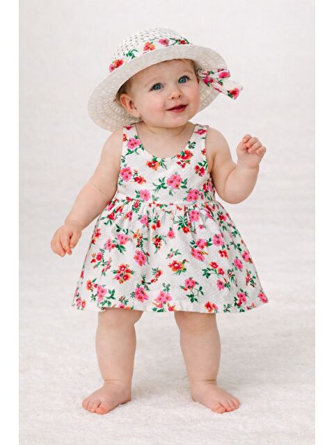 Chicsy Baby Çiçek Desenli Şapkalı Fiyonklu Kız Bebek Elbisesi