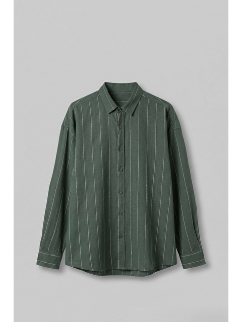 Abluka Online Erkek Oversize Çizgili Keten Uzun Kollu Gömlek Haki - S000516455-18547