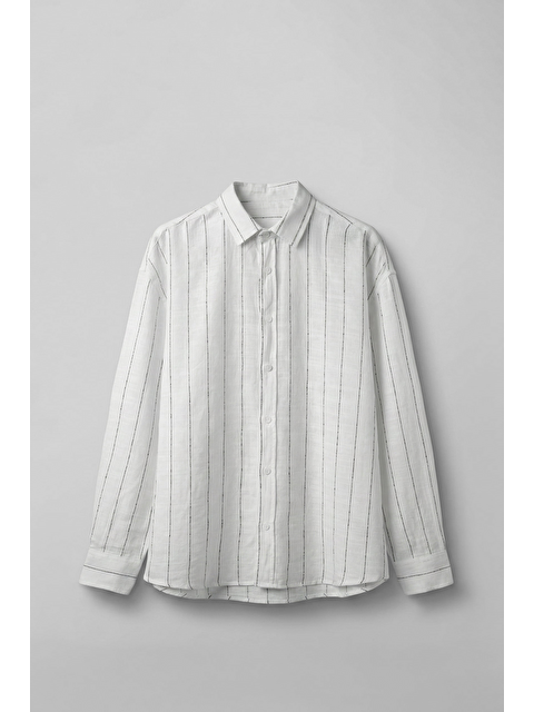 Abluka Online Erkek Oversize Çizgili Keten Uzun Kollu Gömlek Beyaz - S000516455-20063