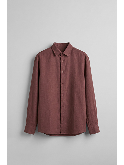 Abluka Online Erkek Regular Fit Keten Basic Uzun Kollu Gömlek Kahverengi - S000516456-19413
