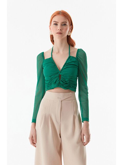 Fullamoda Önü Büzgülü Yakası Bağlamalı Crop Bluz - S000162239-18194