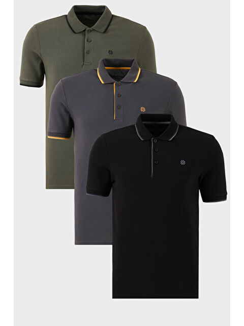 Buratti Pamuklu Slim Fit Şerit Detaylı Düğmeli Polo Yaka 3'lü Paket %100 Pamuk Tişört 5902118S3 - S000387096-37614