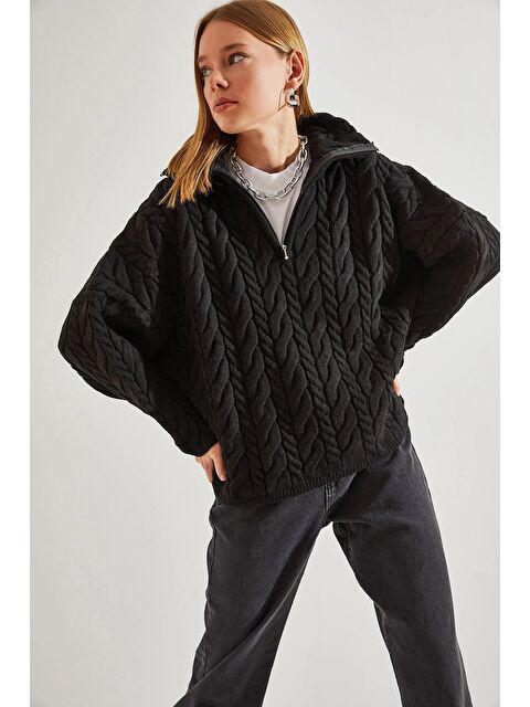 SHADE Kadın Balıkçı Yaka Fermuarlı Desenli Triko Kazak - S000063526-19351