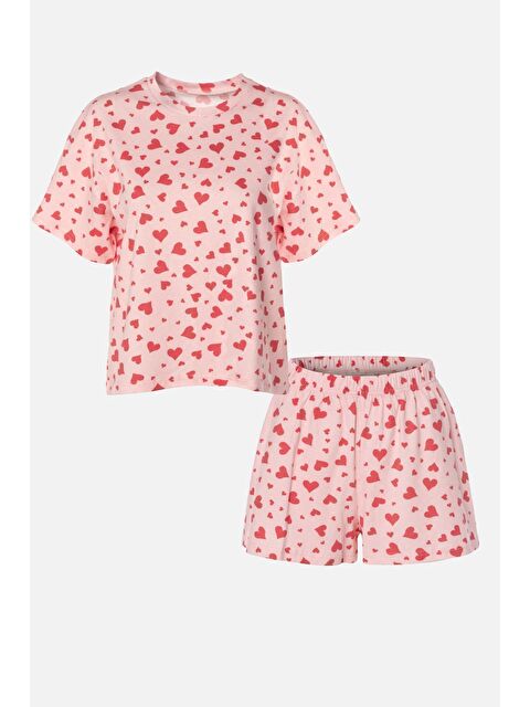 Koza İç Giyim Kadın Kırmızı Kalpli Kısa Kollu Pamuklu Şortlu Pijama Takımı - S000251617-37391