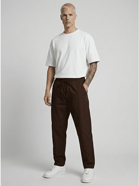 Danger Erkek Beli Lastikli Bağcıklı Pamuk Keten Görünümlü Pantolon Kahverengi