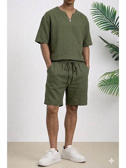 Tarz Cool Erkek Oversize Şort Takım V Yaka Yırtmaçlı Tişört Rahat Kesim Yazlık Takım