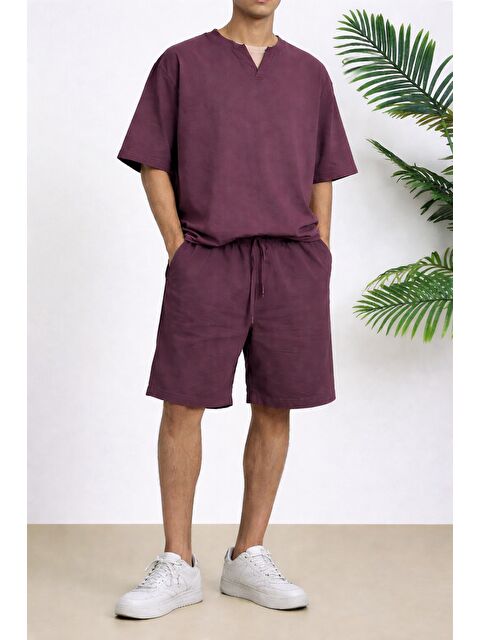 Tarz Cool Erkek Oversize Şort Takım V Yaka Yırtmaçlı Tişört Rahat Kesim Yazlık Takım