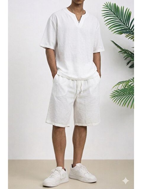 Tarz Cool Erkek Oversize Şort Takım V Yaka Yırtmaçlı Tişört Rahat Kesim Yazlık Takım