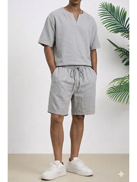 Tarz Cool Erkek Oversize Şort Takım V Yaka Yırtmaçlı Tişört Rahat Kesim Yazlık Takım