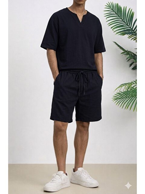 Tarz Cool Erkek Oversize Şort Takım V Yaka Yırtmaçlı Tişört Rahat Kesim Yazlık Takım