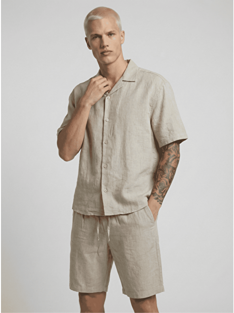 Danger Erkek Pamuk Keten Gömlek Şort Takım Bej