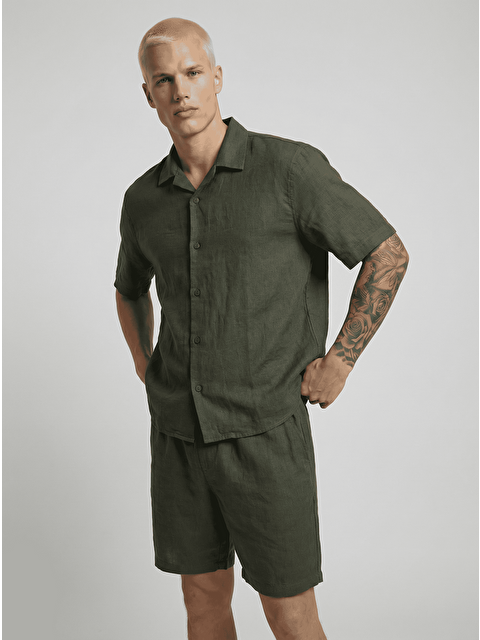 Danger Erkek Pamuk Keten Gömlek Şort Takım Haki