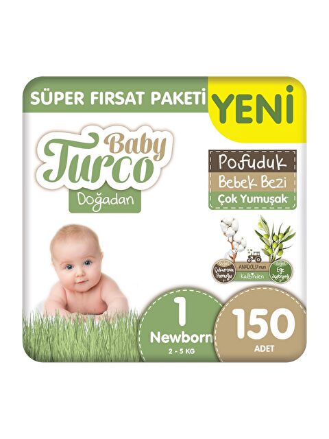 Baby Turco Doğadan Süper Fırsat Paketi Pofuduk Bebek Bezi 1 Numara Newborn 150 Adet