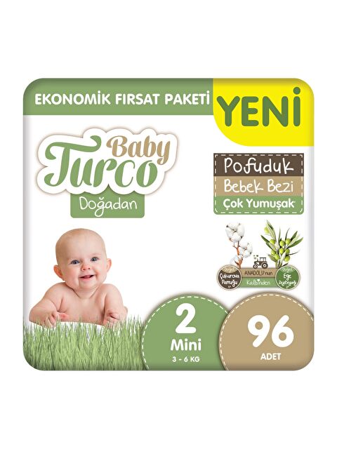Baby Turco Doğadan Ekonomik Fırsat Paketi Pofuduk Bebek Bezi 2 Numara Mini 96 Adet