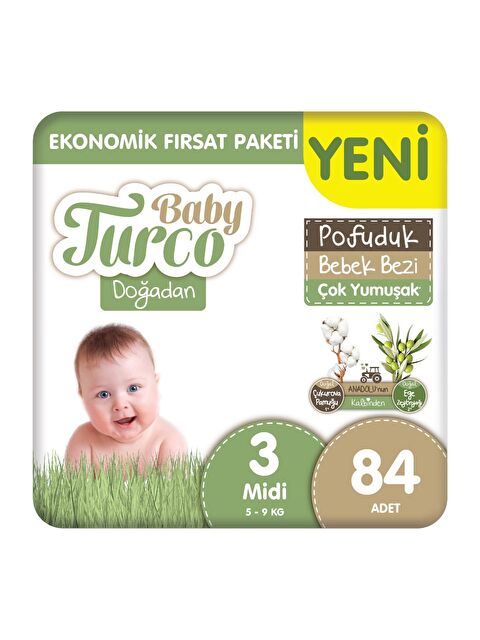 Baby Turco Doğadan Ekonomik Fırsat Paketi Pofuduk Bebek Bezi 3 Numara Midi 84 Adet