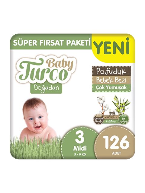 Baby Turco Doğadan Süper Fırsat Paketi Pofuduk Bebek Bezi 3 Numara Midi 126 Adet