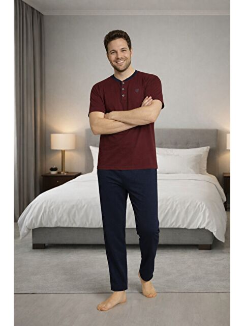 Formo Erkek %100 Doğal Pamuk Kısa Kollu Düğmeli Yüksek Kaliteli Battal Pijama Takımı