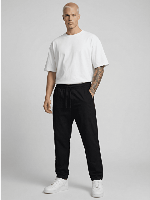 Danger Erkek Beli Lastikli Bağcıklı Pamuk Keten Görünümlü Pantolon Siyah