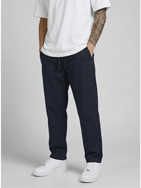 Danger Erkek Beli Lastikli Bağcıklı Pamuk Keten Görünümlü Pantolon Lacivert