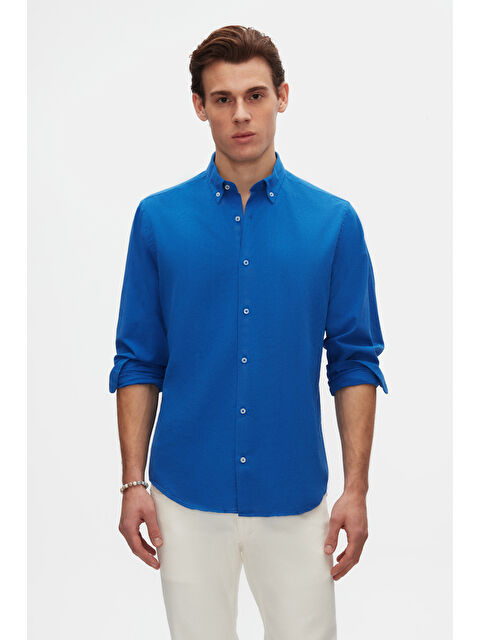 D'S damat Comfort Saks Mavi Düğmeli Yaka Rahat Kesim Keten Görünümlü %100 Pamuk Gömlek - S000401437-23710