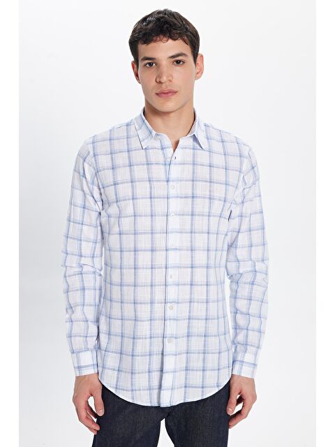 TUDORS Erkek Slim Fit Dar Kesim %100 Pamuk Keten Doku Kareli Gömlek