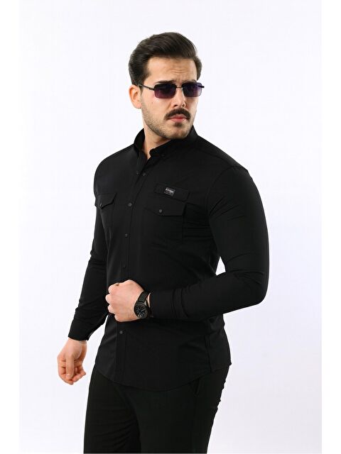 Comstar Erkek Cepli Paraşüt Kumaş Uzun Kol Dar Siyah Gömlek