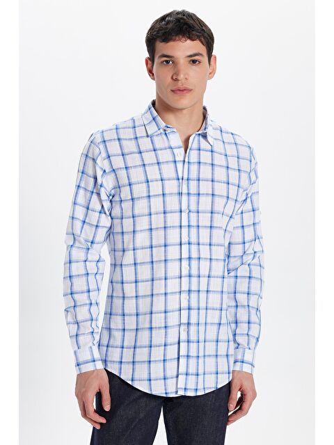 TUDORS Erkek Slim Fit Dar Kesim %100 Pamuk Keten Doku Kareli Gömlek