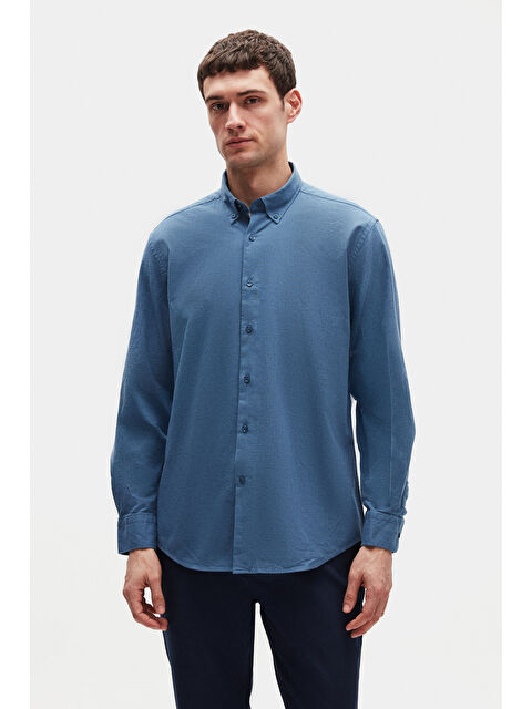 D'S damat Comfort İndigo Düğmeli Yaka Rahat Kesim Keten Görünümlü %100 Pamuk Gömlek - S000401437-23093