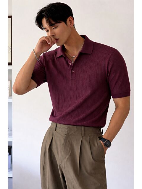 Tarz Cool Erkek Triko Polo Yaka Tişört Slim İnce Dokulu Basic Triko T-Shirt