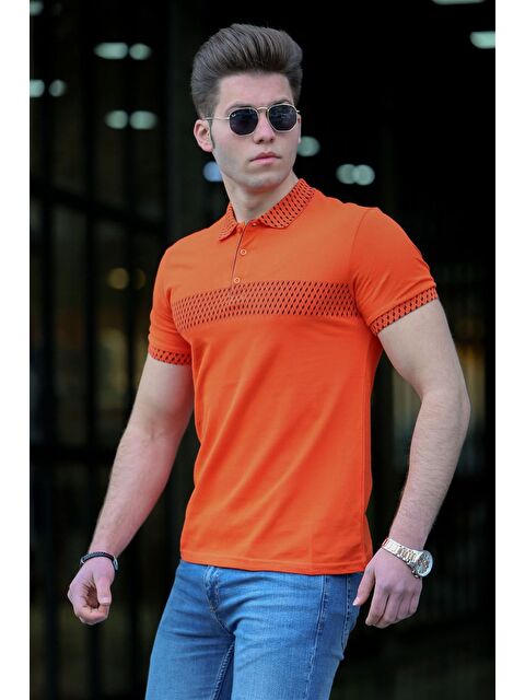 Madmext Turuncu Desenli Polo Yaka Erkek Tişört 3058-6